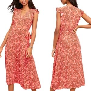 Loft Floral Ruffle Sleeve Wrap Midi Dress V-Neck Tomato Red 100% Rayon Size M